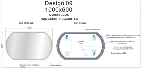 Зеркало с подсветкой Cersanit Design 090 1000х600мм с антизапотеванием