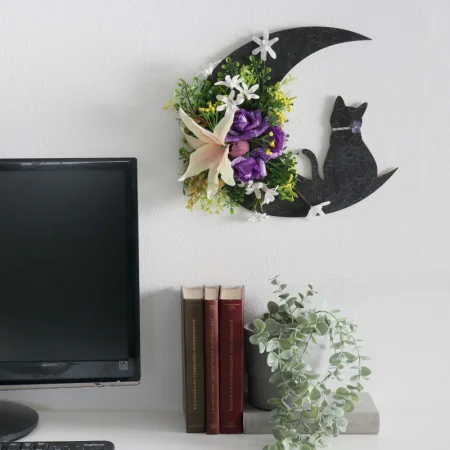 Панно дерево "Кошка на месяце, фиолетовые розы" 30х30 см   9535083