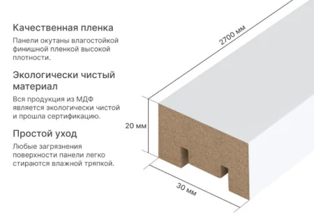 Рейка интерьерная МДФ Stella Милана Белый 2700х30х20мм