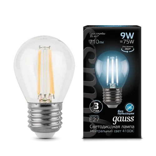 Лампа Е27  Filament  шар 9Вт 710Лм 4100К 105802209 (Gauss)  1 10 50