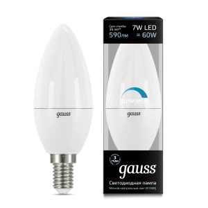 Лампа Gauss Свеча 7W 590lm 4100К Е14 диммируемая LED *1/10/100