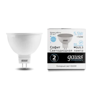 Лампа Gauss Elementary MR16 5.5W 470lm 6500К GU5.3 LED *1/10/100 Лампа Gauss Elementary MR16 5.5W 470lm 6500К GU5.3 LED *1/10/100