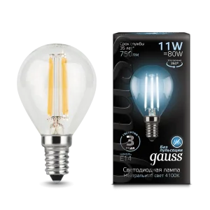 Лампа Gauss Filament Шар 11W 750lm 4100К Е14 LED *1/10/50