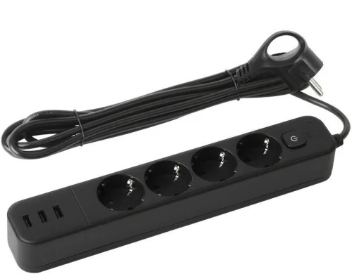 Удлинитель с сетевым фильтром 4х3м с зазем 10A USF-4es-3m-3xUSBA-B с базовой защитой с выкл 4 розетк