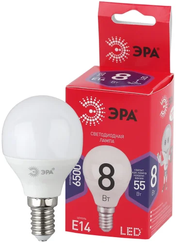 Лампа Е14 шар 8Вт 640Лм 6500К LED P45-8W-865-E14 R Б0045358 (Эра)  1 10