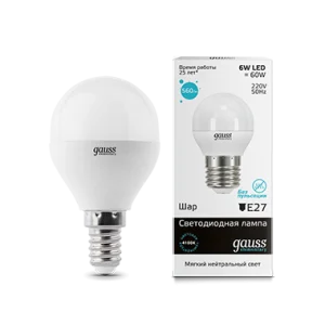 Лампа Е14  Elementary  шар 6Вт 450Лм 4100K 53126 (Gauss)  1 10 100