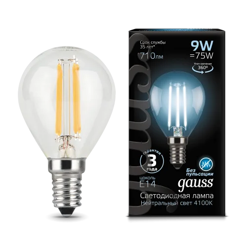Лампа Е14  Filament  шар 9Вт 710Лм 4100К 105801209 (Gauss)  1 10 50