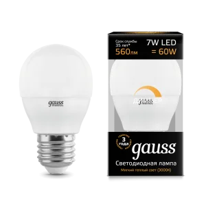 Лампа Gauss Шар 7W 560lm 3000К Е27 диммируемая LED *1/10/100