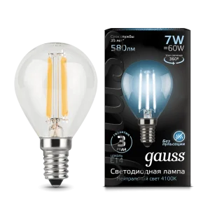 Лампа Gauss Filament Шар 7W 580lm 4100К Е14 LED *1/10/50