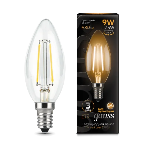 Лампа Е14  Filament  свеча 9Вт 680Лм 2700К 103801109 (Gauss)  1 10 50