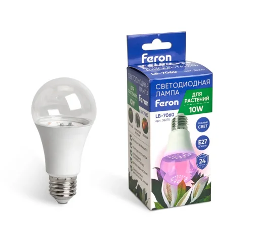 Лампа светодиодная д растений А60 (10W) 230V E27, красно-синий спектр LB-7060 (Feron)  1