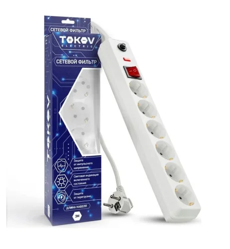 Удлинитель с сетевым фильтром 6х3м с заземл. 16А 3х1 белый TKE-C01-SF6-3-ZV (Tokov Electric)  1