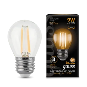 Лампа Gauss Filament Шар 9W 680lm 2700К Е27 LED *1/10/50