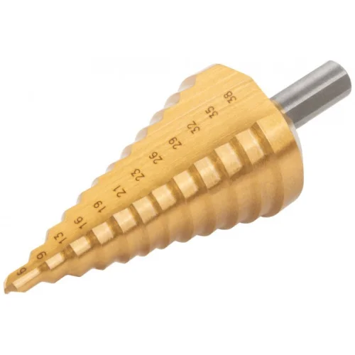 Сверло ступенчатое HSS по металлу, 12 ступеней 6-9-13-16-19-21-23-26-29-32-35-38 мм MOS 36386М  1