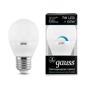 Лампа Gauss Шар 7W 590lm 4100К Е27 диммируемая LED *1/10/100