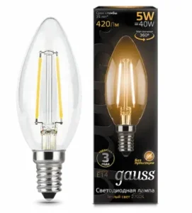 Лампа Е14  Filament  свеча 5Вт 420Лм 2700К 103801105 (Gauss)  1 10 50
