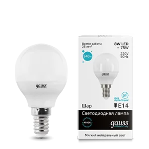 Лампа Gauss Elementary Шар 8W 540lm 4100K Е14 LED *1/10/100 Лампа Gauss Elementary Шар 8W 540lm 4100K Е14 LED *1/10/100