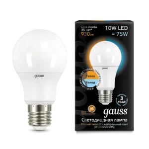 Лампа Gauss A60 10W 930lm 3000K/4100K E27 изм.цвет.темп. LED *1/10/50