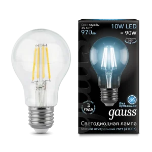 Лампа Gauss Filament А60 10W 970lm 4100К Е27 LED *1/10/40