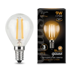 Лампа Gauss Filament Шар 9W 680lm 2700К Е14 LED *1/10/50