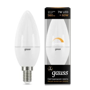 Лампа Gauss Свеча 7W 560lm 3000К Е14 диммируемая LED *1/10/100