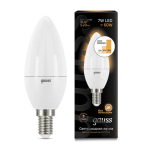 Лампа Gauss Свеча 7W 520lm 3000К E14 шаг. диммирование LED *1/10/100