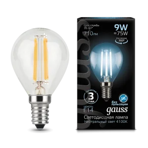 Лампа Gauss Filament Шар 9W 710lm 4100К Е14 LED *1/10/50