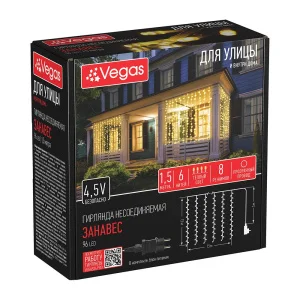 Электрогирлянда VEGAS "Занавес" 96 теплых LED ламп, прозрачный провод, 6 нитей, 1,5*1,5 м, 8 режимов