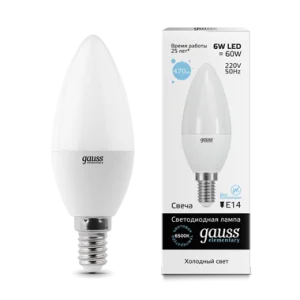 Лампа Gauss Elementary Свеча 6W 470lm 6500K Е14 LED *1/10/100