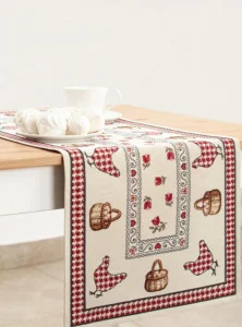 Дорожка на стол Петушки и курочки красный бордюр 40х100см 00660