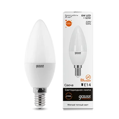 Лампа Е14  Elementary  свеча 6Вт 420Лм 3000K 33116 (Gauss)  1 10 100