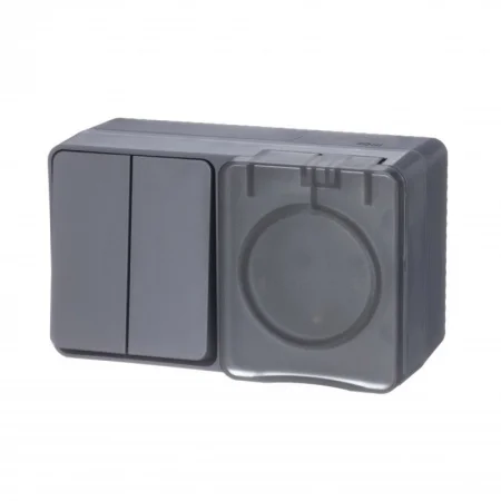 Блок "AtlasDesign" Profi розетка с  заземлением со шторками 16А 250B, выключатель двухклавишный IP54