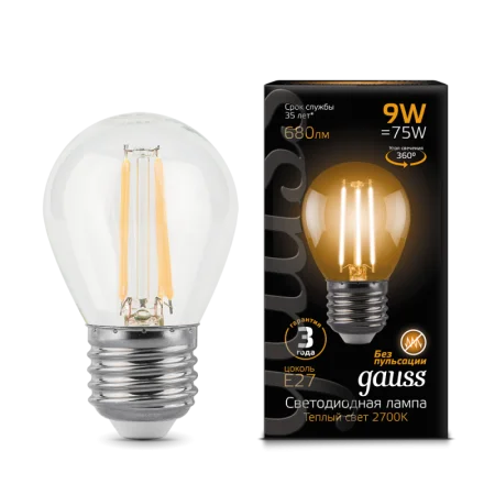 Лампа Gauss Filament Шар 9W 680lm 2700К Е27 LED *1/10/50