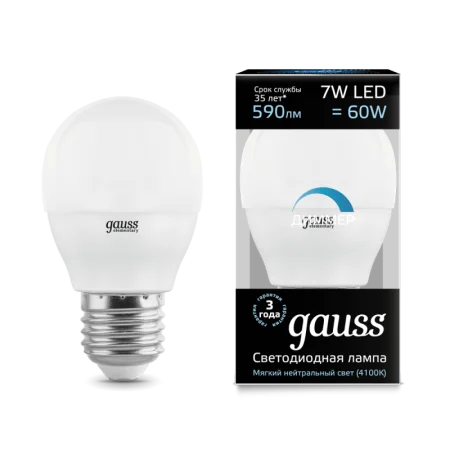 Лампа Gauss Шар 7W 590lm 4100К Е27 диммируемая LED *1/10/100
