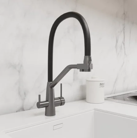 Смеситель для кухни одноручный с высоким гибким изливом с подключением фильтра питьевой воды AVRORA Kitchen AV9006GM графит