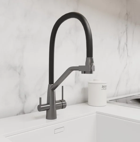 Смеситель для кухни одноручный с высоким гибким изливом с подключением фильтра питьевой воды AVRORA Kitchen AV9006GM графит
