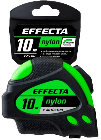 Рулетка 10м 25мм обрезиненный корпус, фиксатор, автостоп, магнит Effecta Nylon 581025