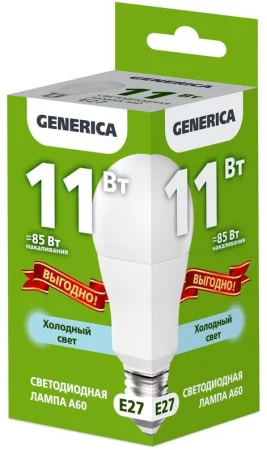Лампа Е27 груша A60 11Вт 6500К 230В промо LL-A60-11-230-65-E27-G (Generica)  1