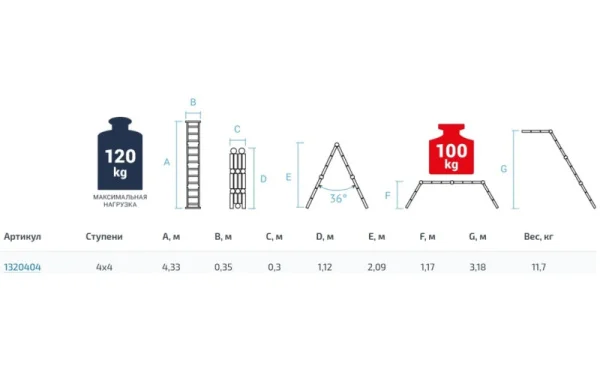Лестница-трансформер 4 ступени 4 секции ширина 340мм алюминиевая Новая Высота NV 1320 1320404
