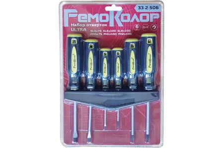 Набор отверток 6предм. SL3 PH0х75мм  SL5 SL6 PH1 PH2х100мм двухкомпанентная ручка сталь CS РемоКолор