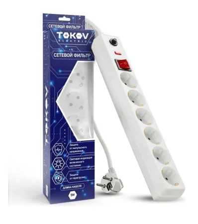 Удлинитель с сетевым фильтром 6х5м с заземл. 16А 3х1 бел TKE-C01-SF6-5-ZV (Tokov Electric)  1