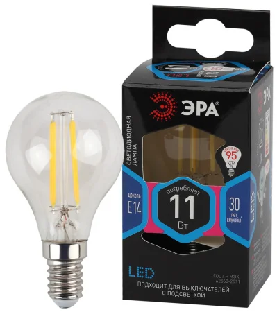 Лампа Е14  Filament  шар 11Вт 970Лм 4000К F-LED P45-11w-840-E14 Б0047014 (Эра)  1 10