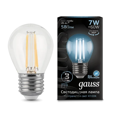 Лампа Gauss Filament Шар 7W 580lm 4100К Е27 LED *1/10/50