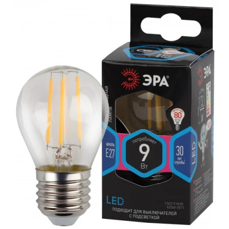 Лампа Е27  Filament  шар 9Вт 850Лм 4000К F-LED P45-9w-840-E27 Б0047029 (Эра)  1 10