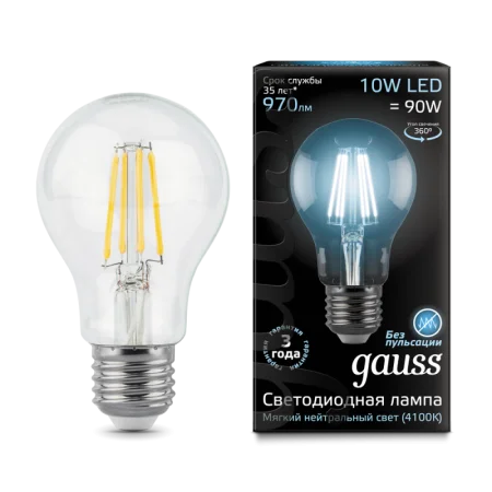 Лампа Gauss Filament А60 10W 970lm 4100К Е27 LED *1/10/40