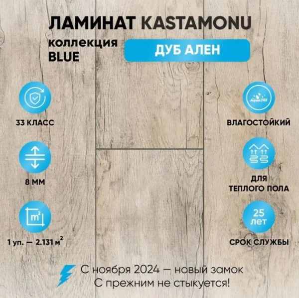 Ламинат Kastamonu BLUE FP724 Дуб Ален 33кл 1380х193х8мм 2,131м2 (8шт)