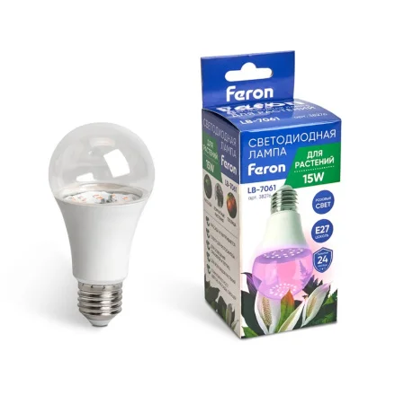 Лампа светодиодная д растений А60 (15W) 230V E27, красно-синий спектр LB-7061 (Feron)  1