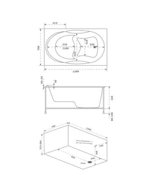 Ванна акриловая 1200х700х435мм BAS Рио В 00047 с каркасом, белый