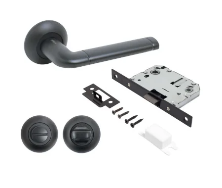 Комплект ручка+защелка с фиксатором АЛЛЮР АРТ  ПОЛО  BL+L7050S BL+BK-R1 BL(15150 S7050) матовый черн