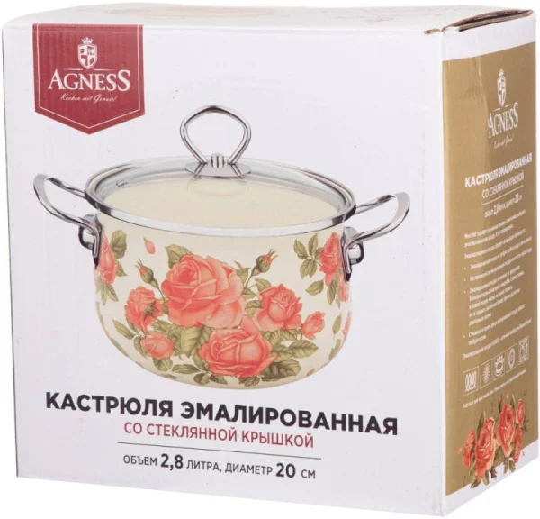 Кастрюля 20х12см, 2800мл Agness Корейская Роза эмалированная со стекл. крышкой 915-137